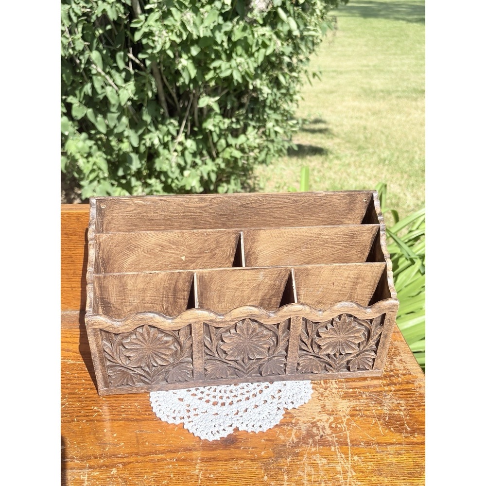 Vintage Lerner Desk Organizer Sorter Caddy Faux Carved Wood Mail Bills Utensils